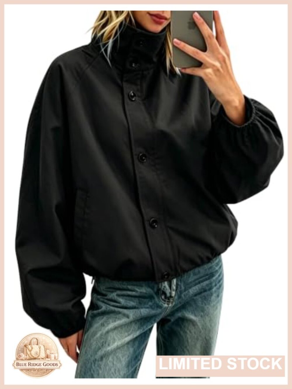 Womens Funnel Neck Bomber Jacket Waterproof Windbreaker Oversized